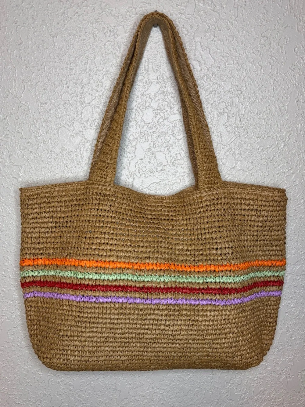 Sonoma Tan Woven Straw Stripe Orange Pink Green Beach Purse Handbag Tote Bag